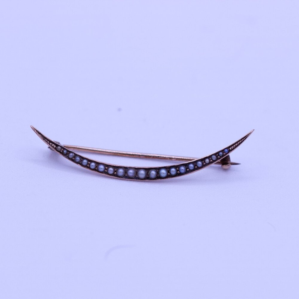 Antique Victorian 10K Gold Seed Pearl Crescent Moon Pin Brooch